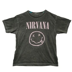 NIRVANA Youth Medium Womens Small Shirt Black Pink Smiley Face Band Grunge Rock